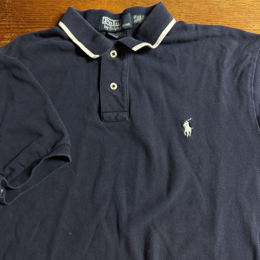 Polo Ralph Lauren XL Custom Fit‎ Polo Blue White With Red Stripes On Side